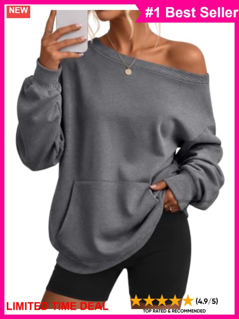 Oversized Off Shoulder Sweatshirt French Terry Pullover Slouchy Kangaroo Pocket